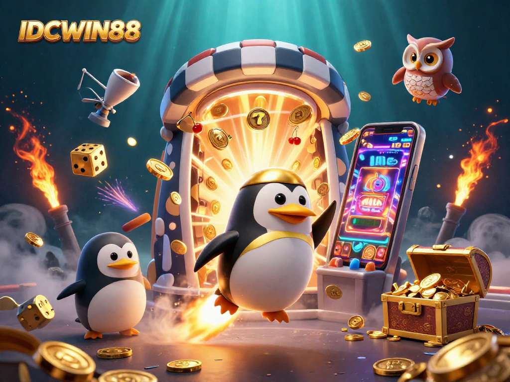 Experience thrilling gaming with IDCWIN88 featuring a golden penguin navigating a vibrant casino universe.