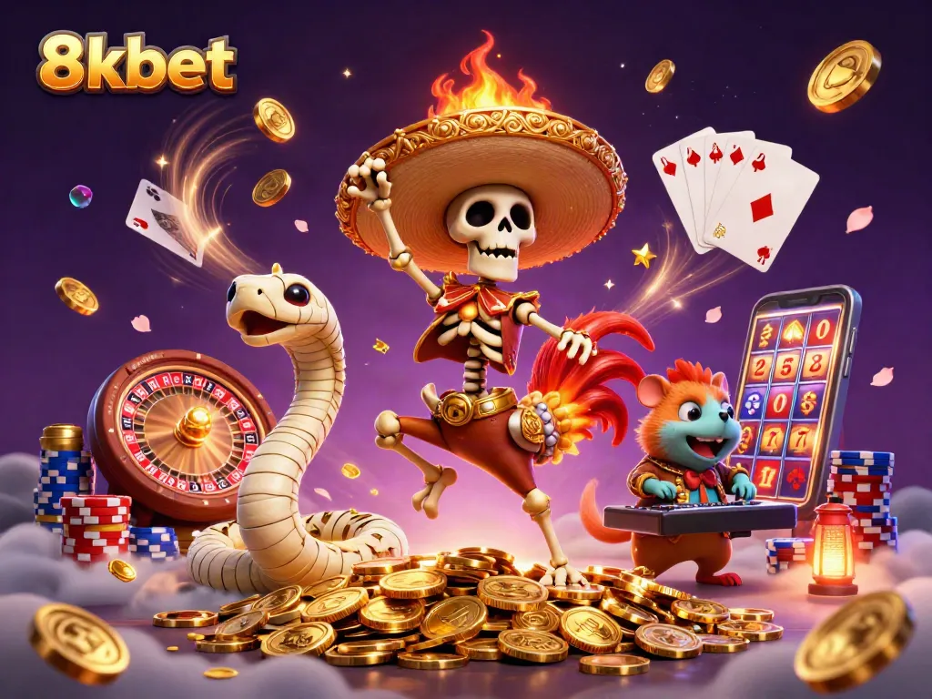 Experience the thrill of 8xbet with exciting casino characters dancing on golden coins.