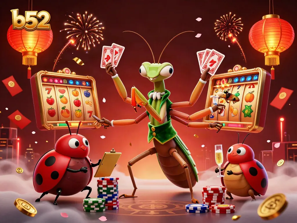 Experience b52 casino excitement with a giant mantis dealing cards amid vibrant slot elements.