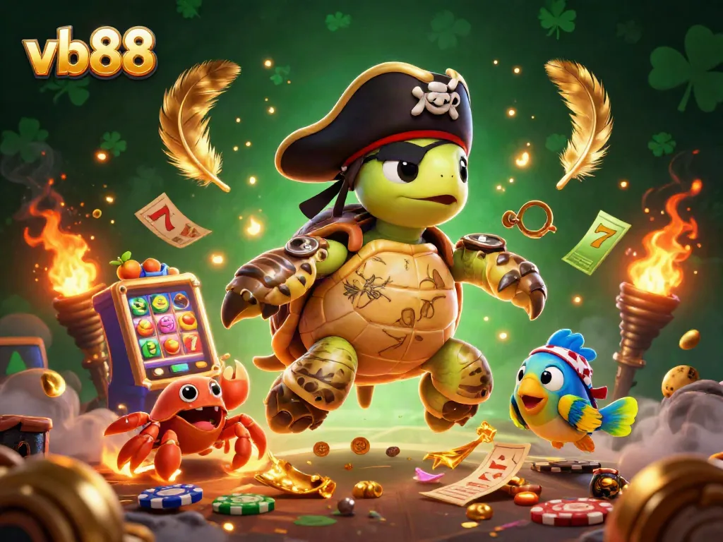 Spin and win with vb88 as a cartoon pirate turtle, hermit crab, and parrotfish find treasure amidst slots and vivid casino elements.