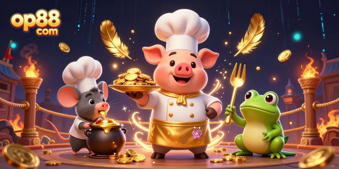 Experience op88 com with vibrant 3D characters serving gold coins in a dynamic casino setting.
