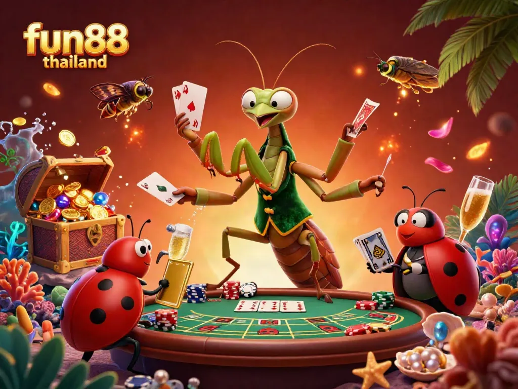 Experience fun88 thailand with a giant mantis card sharp and ladybug pit boss in a vibrant casino scene.