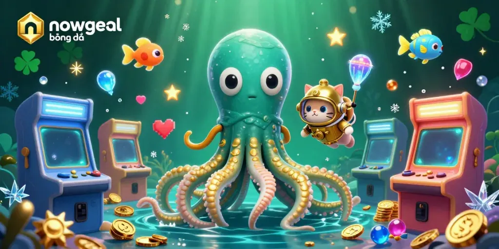 Experience nowgoal bóng đá with captivating visuals of a kraken, a diving cat, and arcade games in a vibrant ocean.