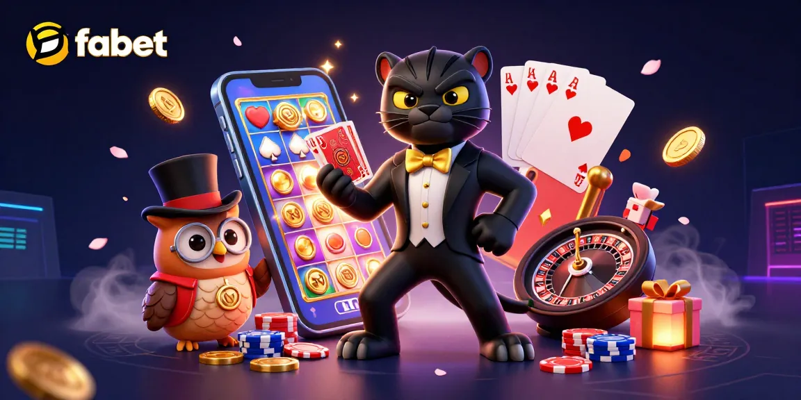 Engage with fabet's thrilling gaming experience as a panther deals cards amidst poker chips and slot elements.