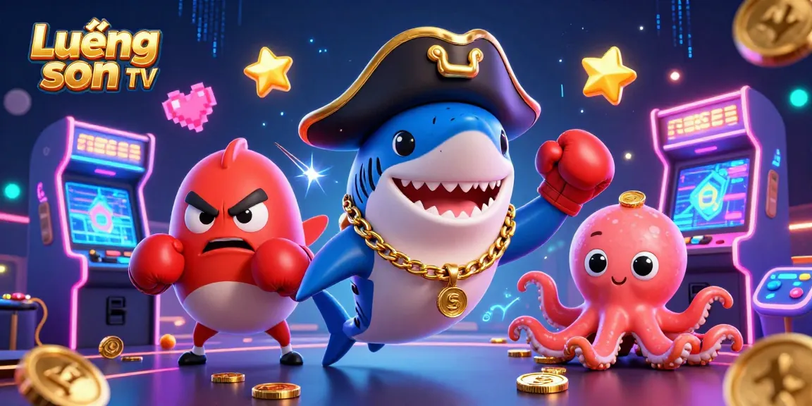 Lương sơn TV presents an exciting scene with a pirate shark, pufferfish, and octopus amidst vibrant casino gaming elements.