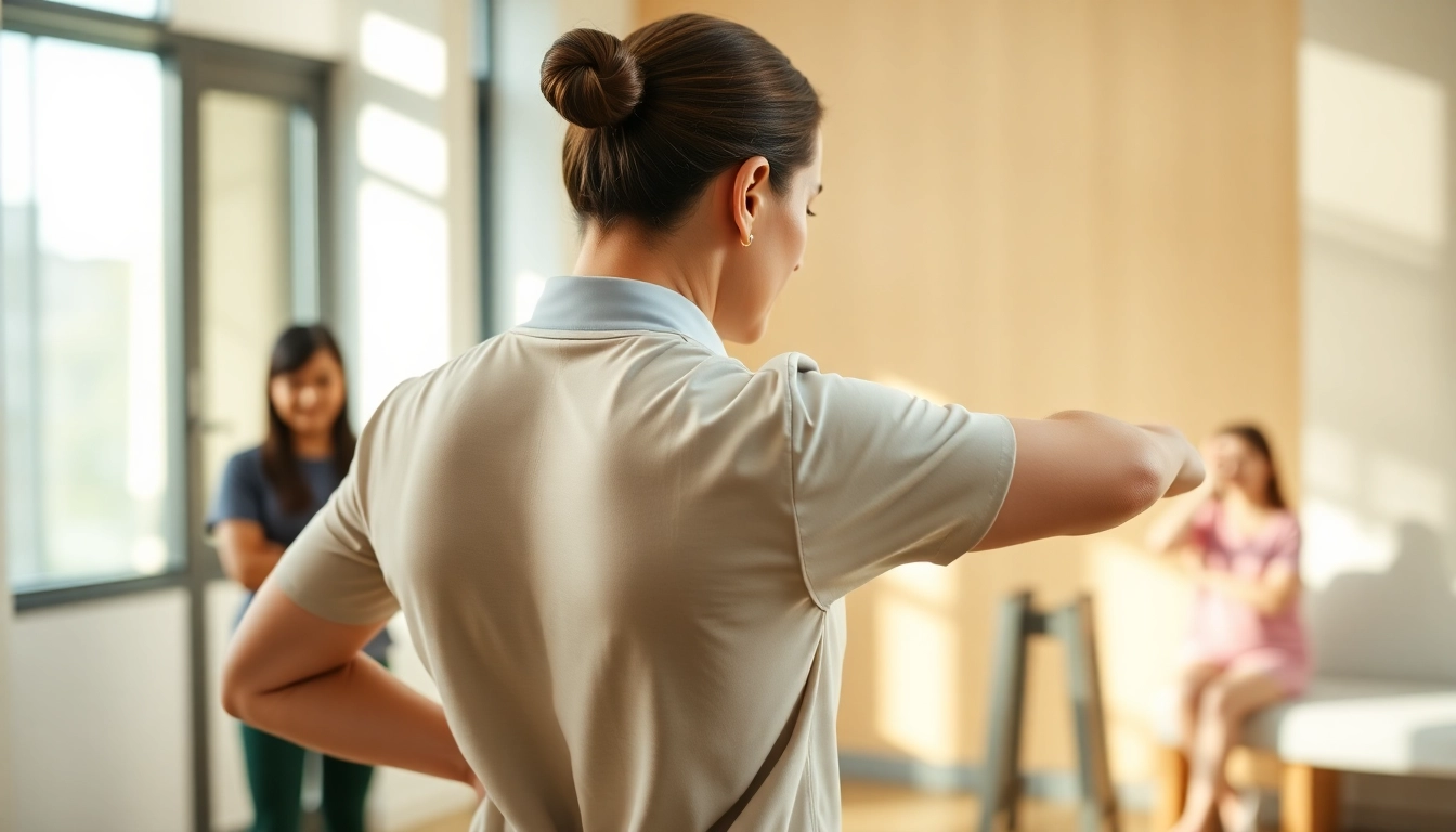 Physiotherapist demonstrating stretches to alleviate back pain in a bright clinic setting.