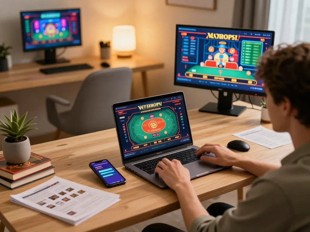 Player engaging in an exciting poker game on sc88 app in a warm home office.