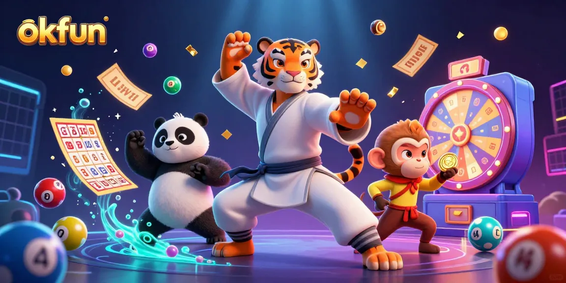 Experience exciting gaming at okfun with a vibrant 3D casino illustration featuring dynamic gameplay elements.