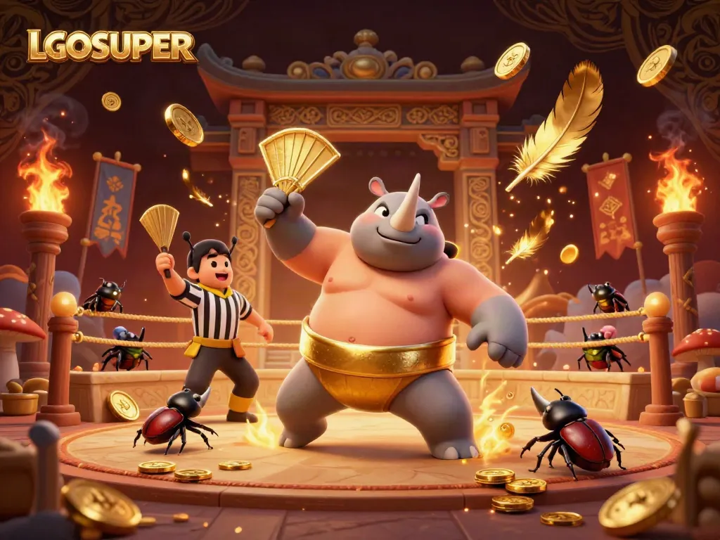 Experience the LGOSUPER action with a colorful beetle sumo match amid flying golden coins and charming details.
