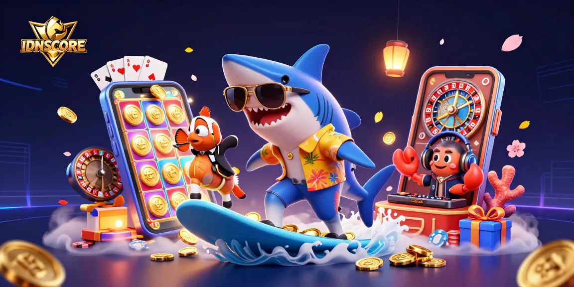 Engage with IDNSCORE's vibrant casino scene featuring an animated shark surfing gold coins amidst gaming elements.