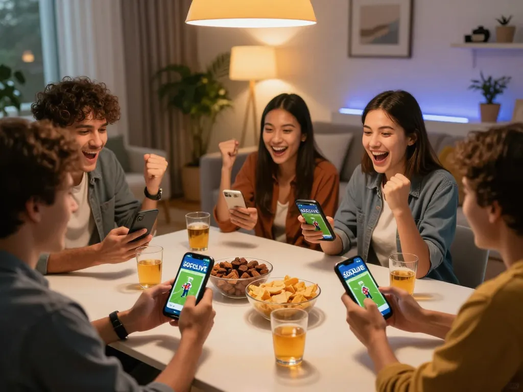 SOCOLIVE app displayed on smartphones as friends enjoy live sports betting together at home.