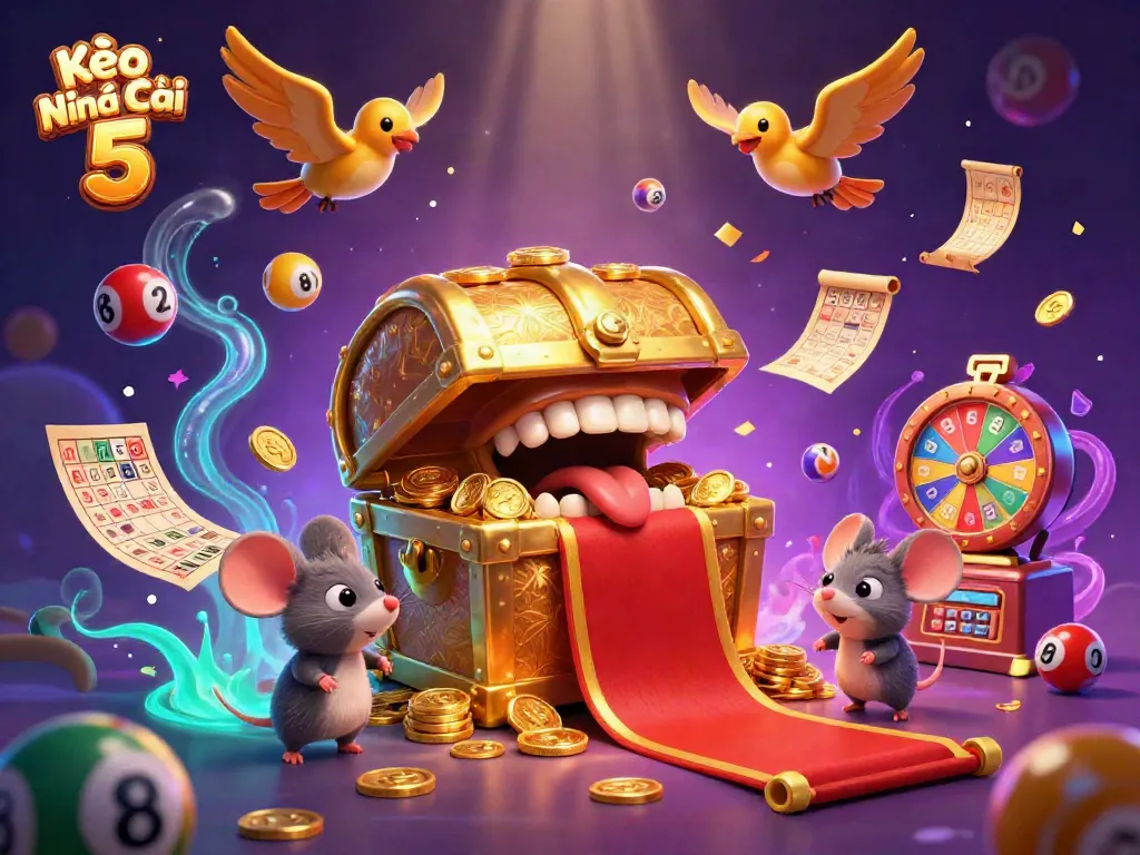 Experience thrilling moments with Kèo Nhà Cái 5 in this captivating treasure hunt themed illustration featuring dynamic casino elements.