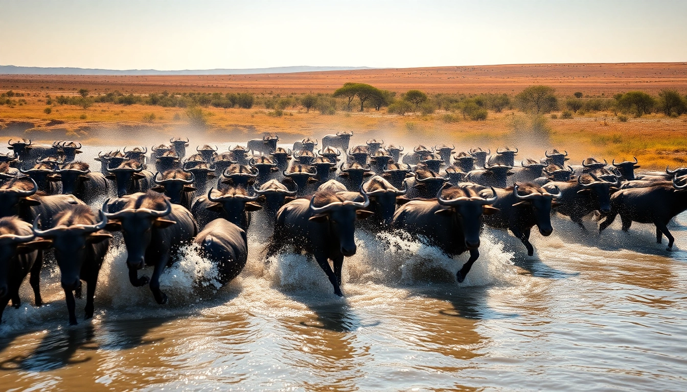 Witness wildebeest migration safari as they dash across a river, creating an exhilarating scene.