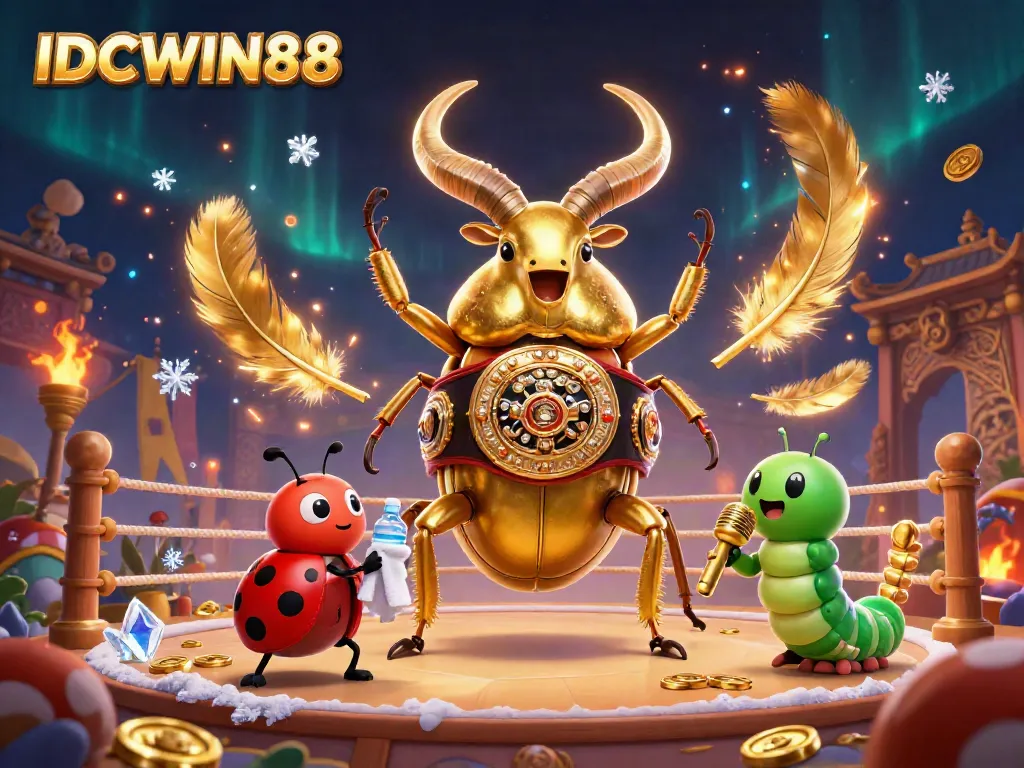 Engage with IDCWIN88 through a vibrant scene featuring a golden stag beetle champion, ladybug corner-man, and caterpillar announcer.