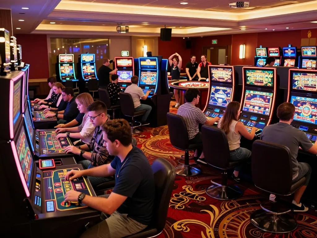 Players enjoying exciting slots at Thương hiệu MM88 casino with vibrant digital screens displaying winnings