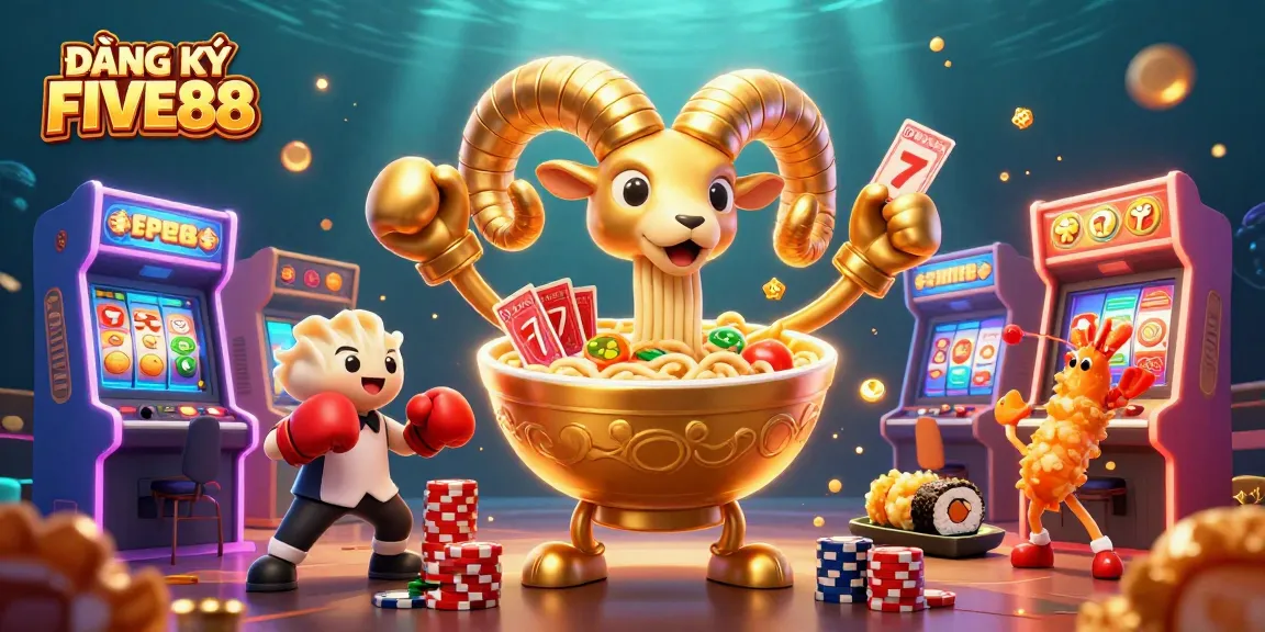 Participate in ĐĂNG KÝ FIVE88 with vibrant 3D illustration showcasing casino excitement and game elements.