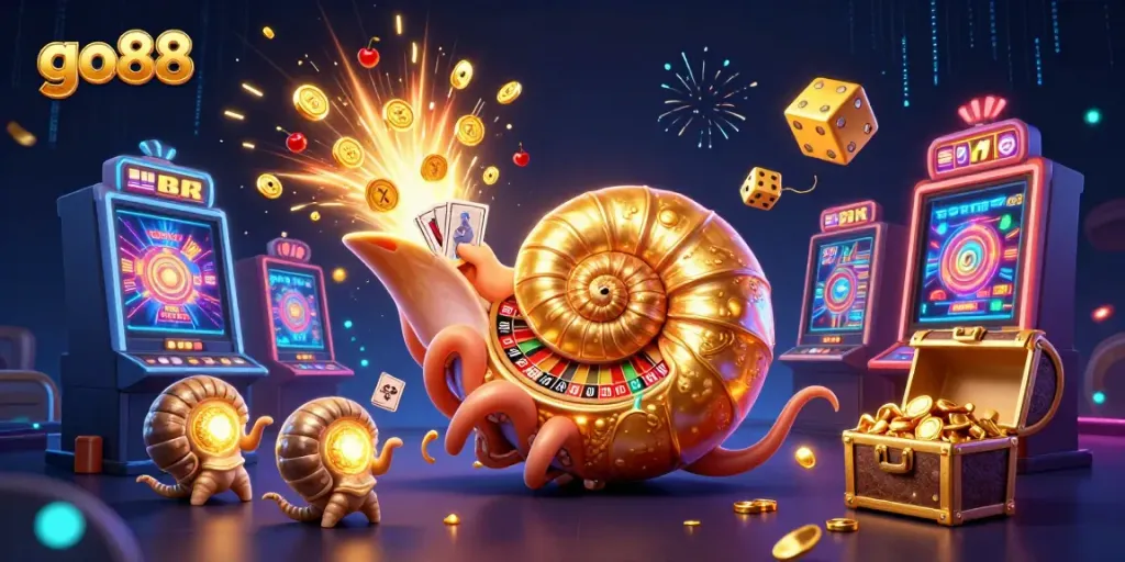 Engage in thrilling gaming action with GO88's vibrant online casino experience featuring an ancient nautilus and golden treasures.