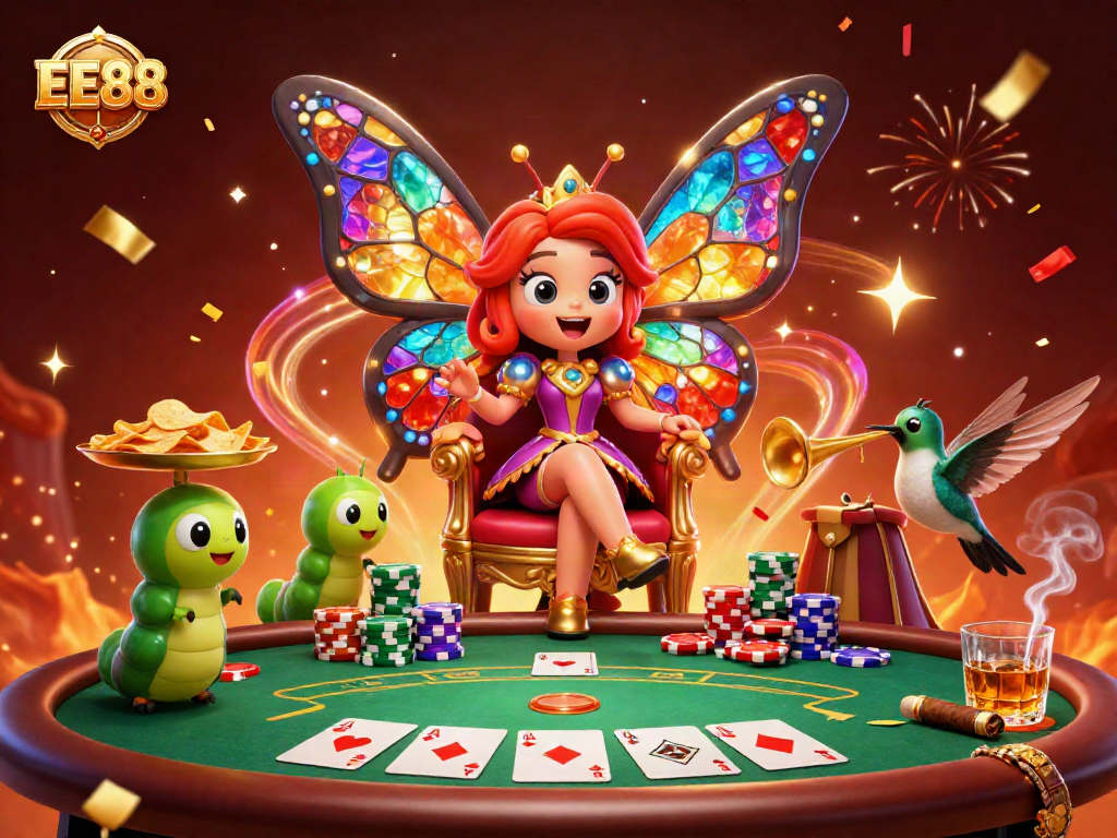 Win big on EE88 with our vibrant casino scene showcasing poker elements and festive characters.