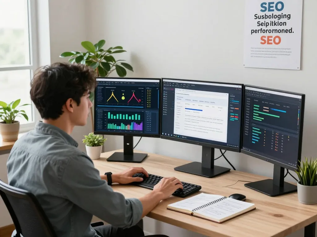 SEO strategist optimizing website performance using group buy SEO tools in a bright workspace.