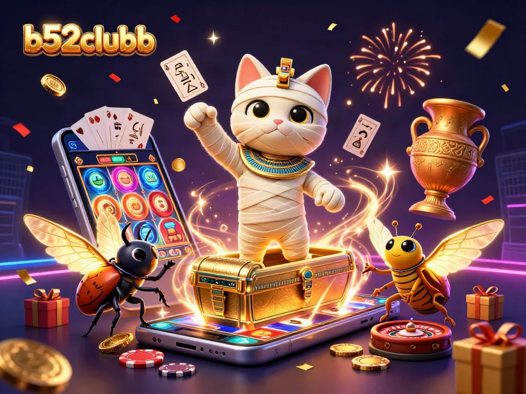 Spin and win with b52clubb at the vibrant pyramid casino featuring a mummy cat and a scarab beetle.