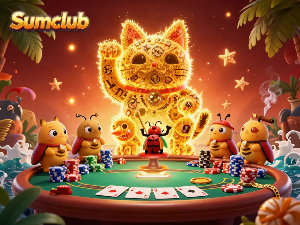 Experience the thrill of Sumclub with vibrant 3D illustrations featuring poker elements and lively characters.