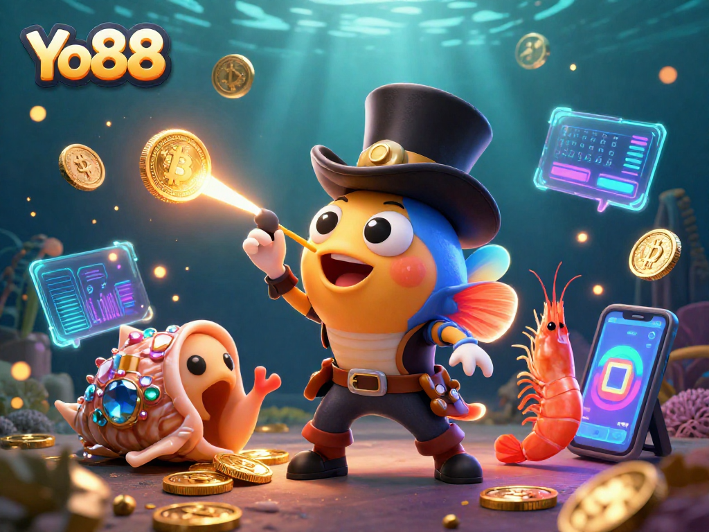 Yo88 features a vibrant 3D underwater illustration showcasing an anglerfish and pirate shrimp attracting coins.