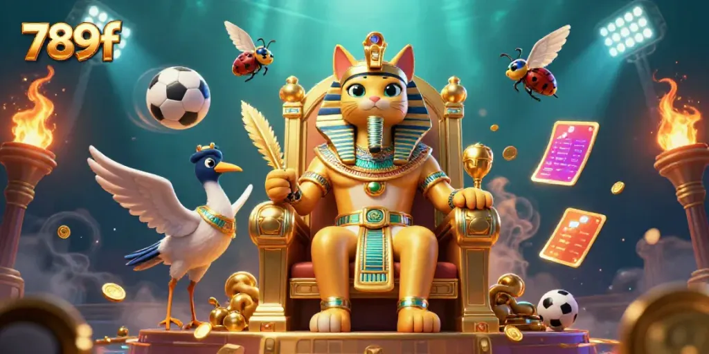Experience 789f's vibrant casino world with an animated pharaoh cat surrounded by dynamic sports betting elements.