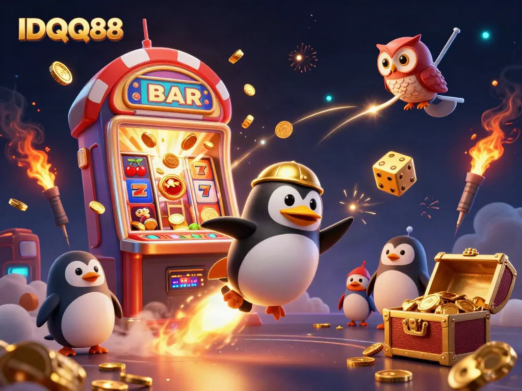 Experience the thrill of IDQQ88 with a colorful illustration of a golden penguin soaring through a jackpot explosion.