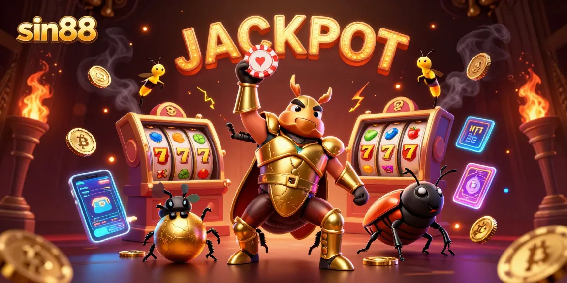 Engage with sin88's exciting casino world featuring a victorious beetle and dynamic gold elements.