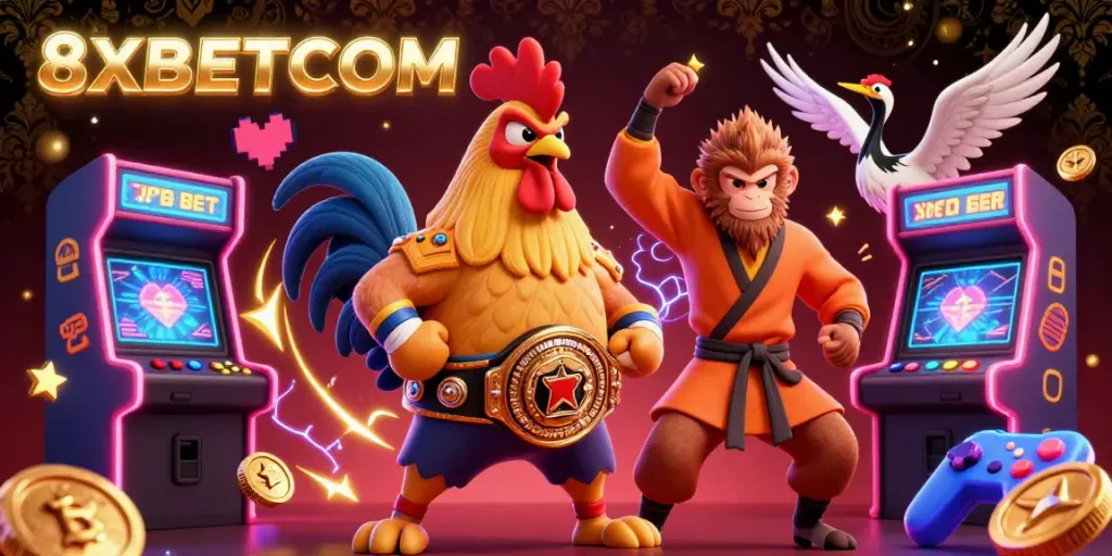 Engage with thrilling casino action featuring 8XBETCOM in a vibrant 3D illustration with colorful game elements.