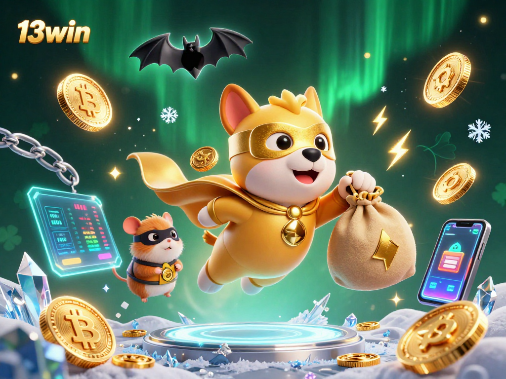 Play exciting games at 13win's dynamic casino with a 3D superhero dog and gold coins flying in the air.