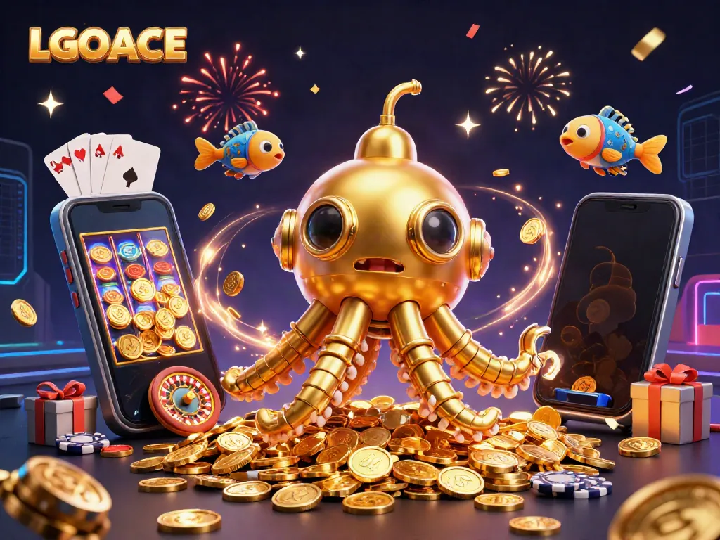 Engage with LGOACE's vibrant golden kraken and gaming excitement through a magical casino scene.