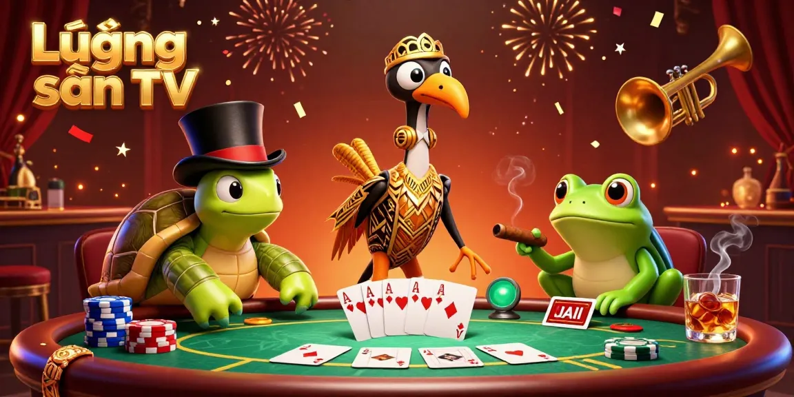 Experience Lương sơn TV's lively gaming environment with cartoon characters celebrating around poker elements.