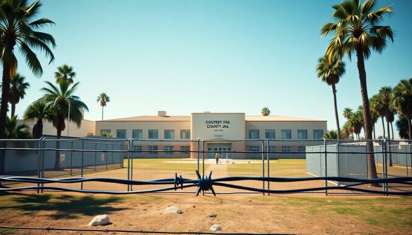 View of orange county jail inmate booking information facility with surrounding fencing.