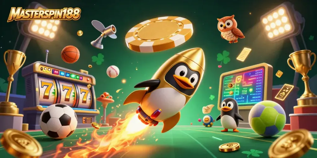 Engage with MASTERSPIN188’s vibrant casino adventure filled with gold coins, slot reels, and a golden penguin.