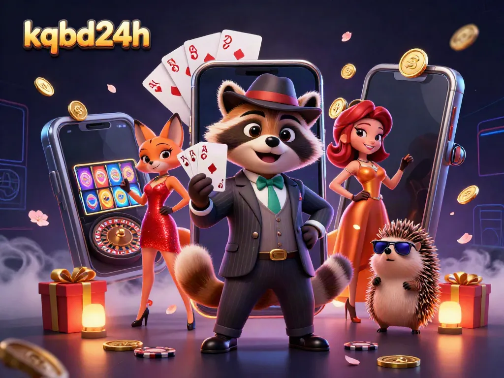 Experience thrilling fun with kqbd24h, featuring a suave raccoon and vibrant scene of casino excitement.