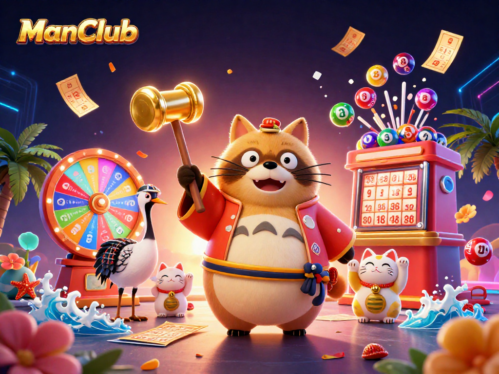 Engaging ManClub illustration showcasing a tanuki, crane, and maneki-neko amidst vibrant gaming elements.