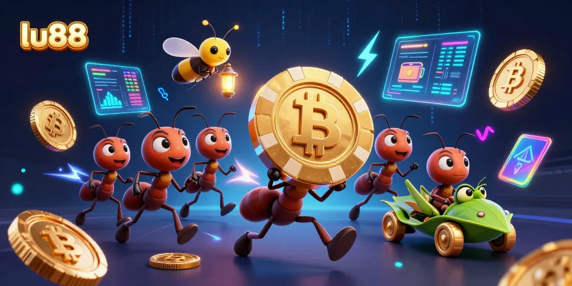Experience lu88's thrilling heist with cartoon ants, golden poker chips, and crypto elements.