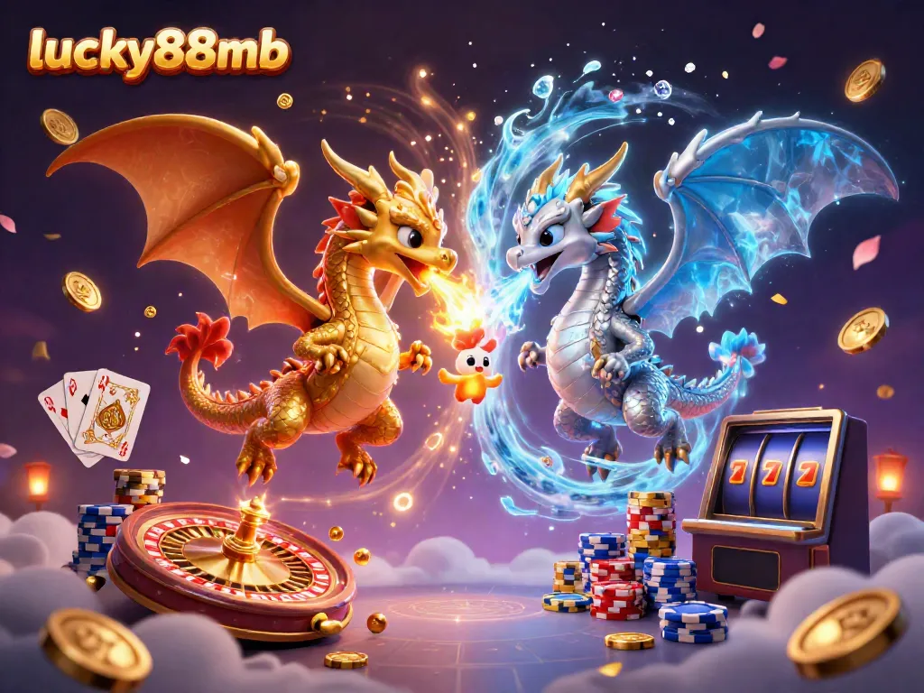 Experience the allure of lucky88mb with a dynamic scene of dragons, coins, and casino excitement.