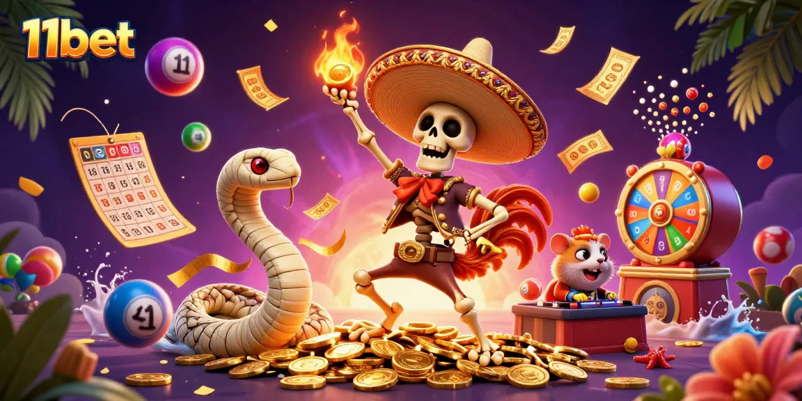 Win big with 11bet in a vibrant 3D casino illustration featuring dynamic gambling elements.