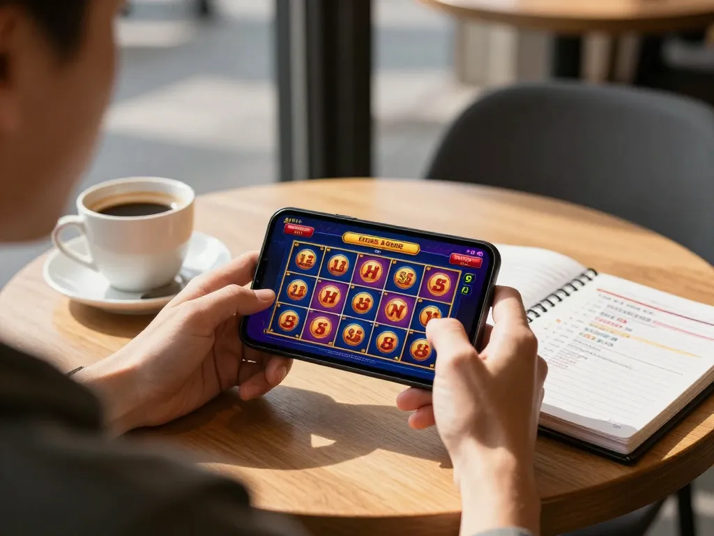 Luckywin app display shows exciting slot reels aligning for a big win while player enjoys coffee.