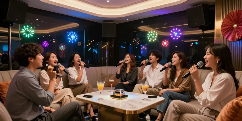 강남달토의 고급 카라오케룸에서 즐거운 친구들