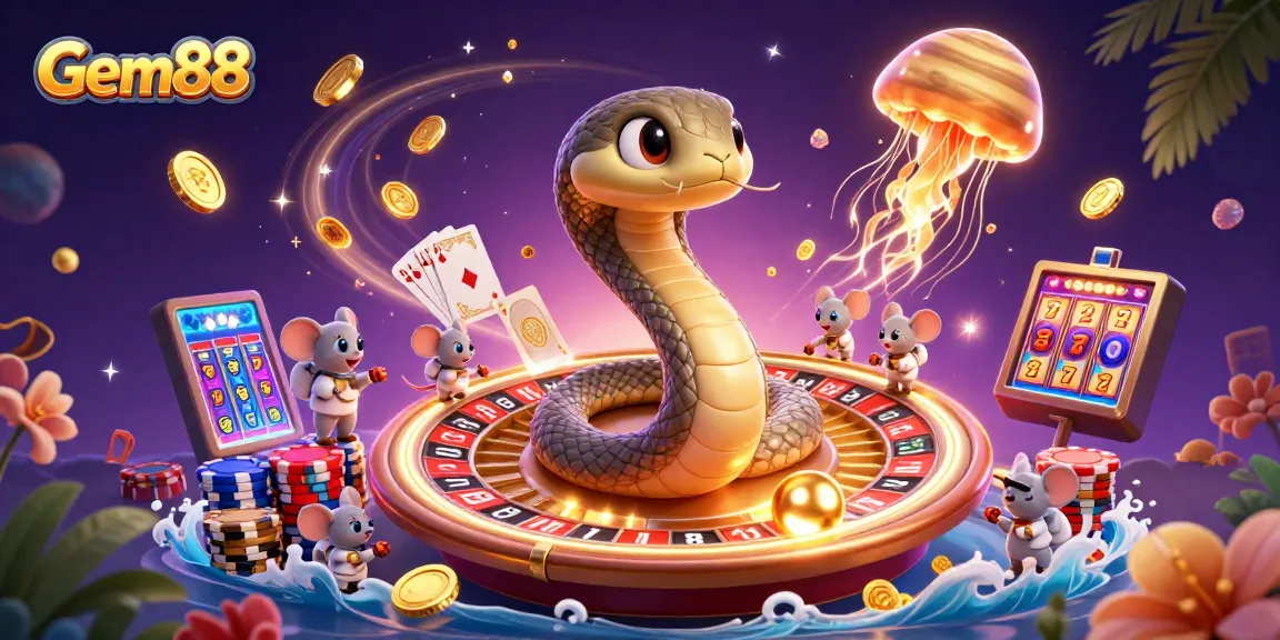 Experience excitement at Gem88 with a vibrant, cosmic-themed casino illustration featuring unique gaming elements.