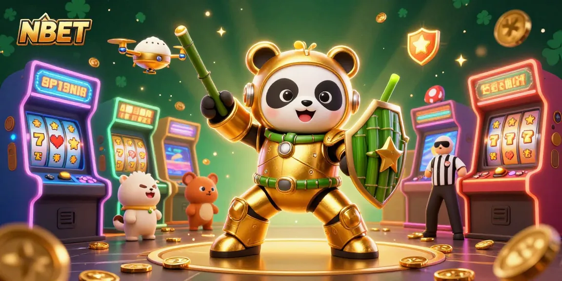 NBET illustrates an engaging casino scene with a golden panda pilot and dynamic gaming elements.