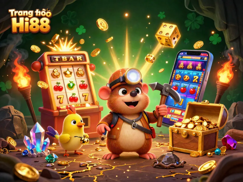 Engage with thrilling games at Trang chủ Hi88, showcasing an exciting 3D casino adventure with slots, treasure, and vibrant elements.