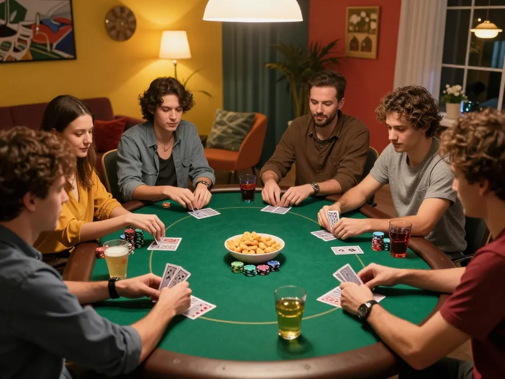 Engaged friends strategizing their poker game with chips and cards in a cozy home game night setting