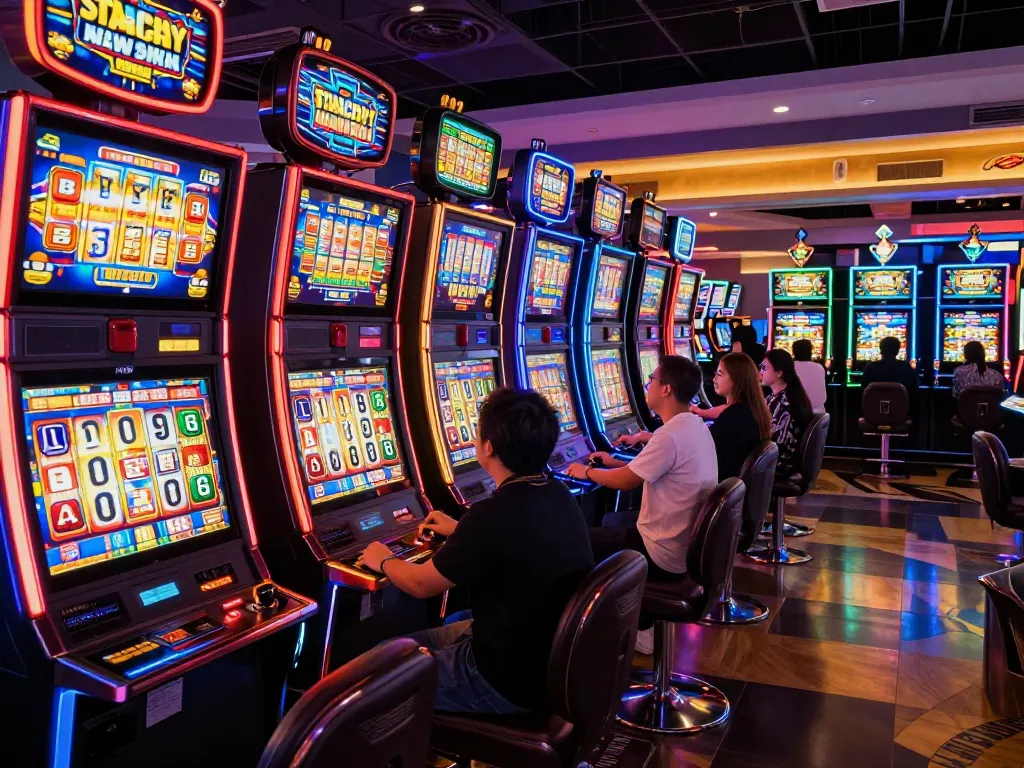 Players at slot machines enjoying fast spins and exciting wins in a lively casino setting