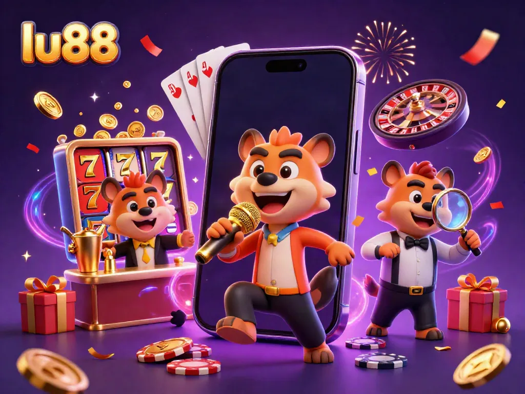 Join the fun at lu88 where hyenas entertain with a lively casino scene featuring vibrant gaming elements.
