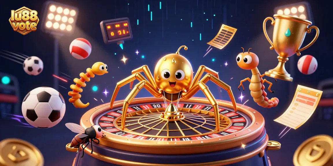 Place bets on lu88 vote while the golden spider spins a roulette wheel web in vibrant atmosphere