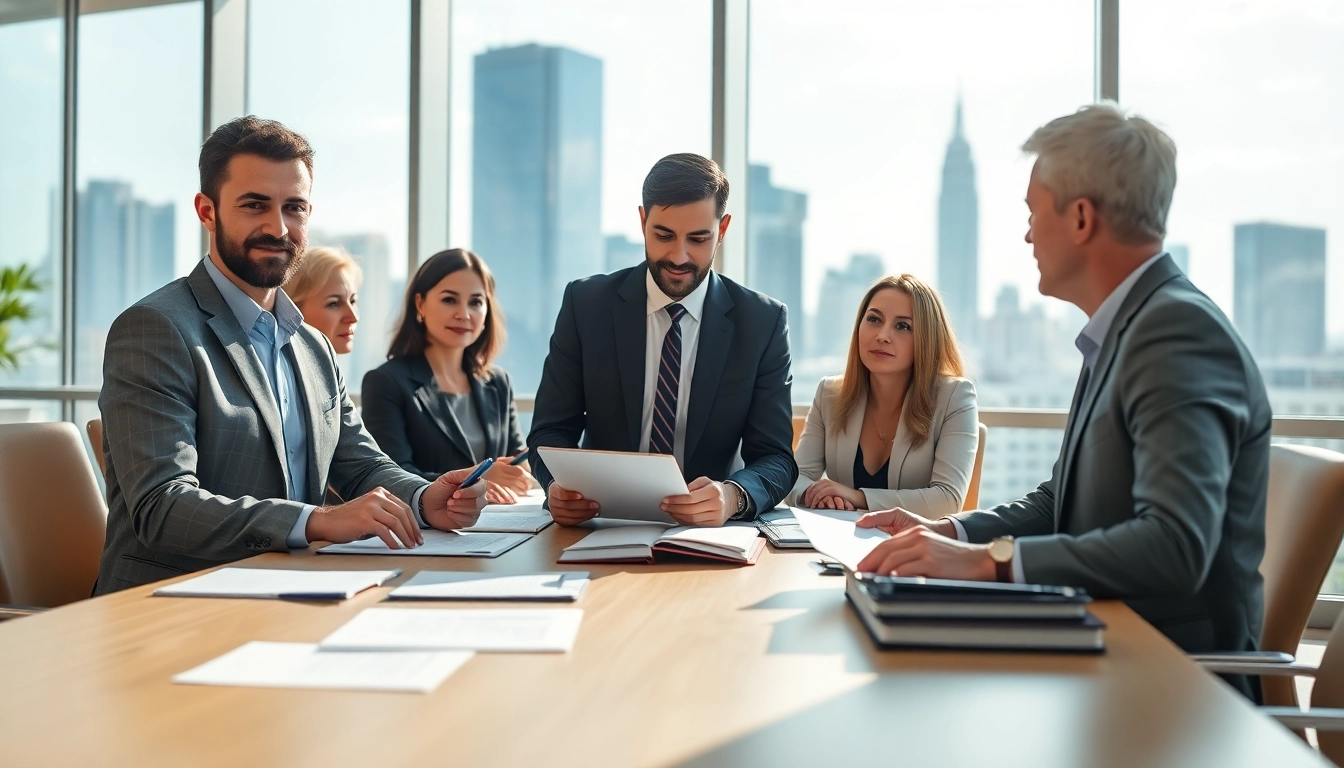 Consultants discussing Federal and State contracts during a meeting in a modern office setting.
